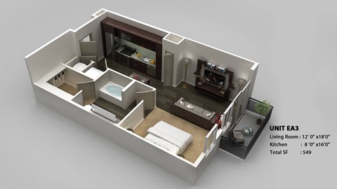 Floor plan for studio, 1 bath, 549 sqft